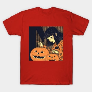 Halloween Girl looking at Pumpkin T-Shirt